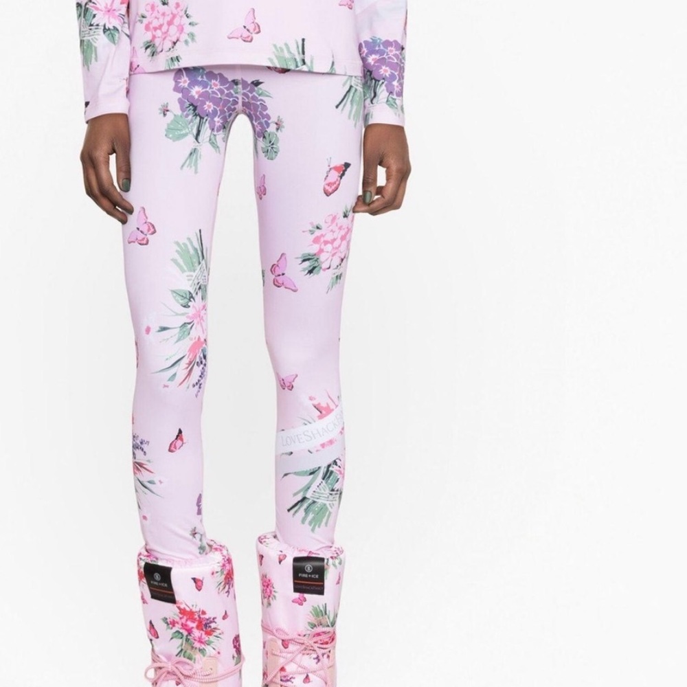 Bogner Fire + Ice LoveShackFancy pink floral butterfly printed leggings (NWT)